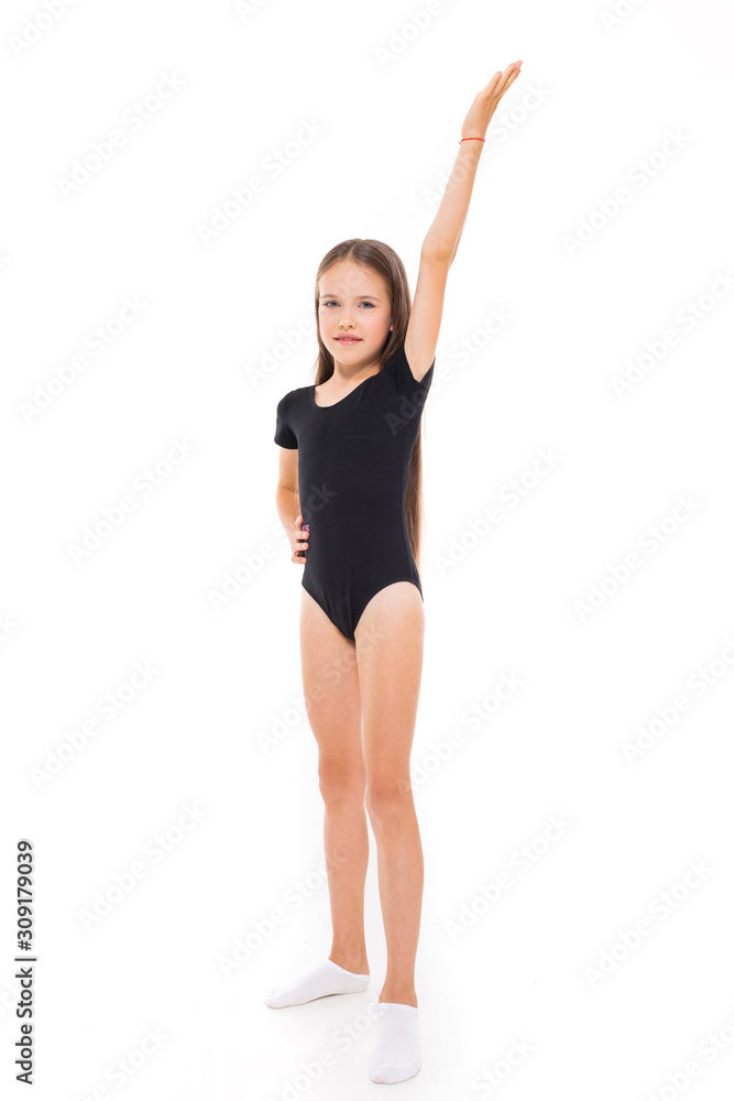 Beautiful girl gymnast in tights do some exercises isolated on white background