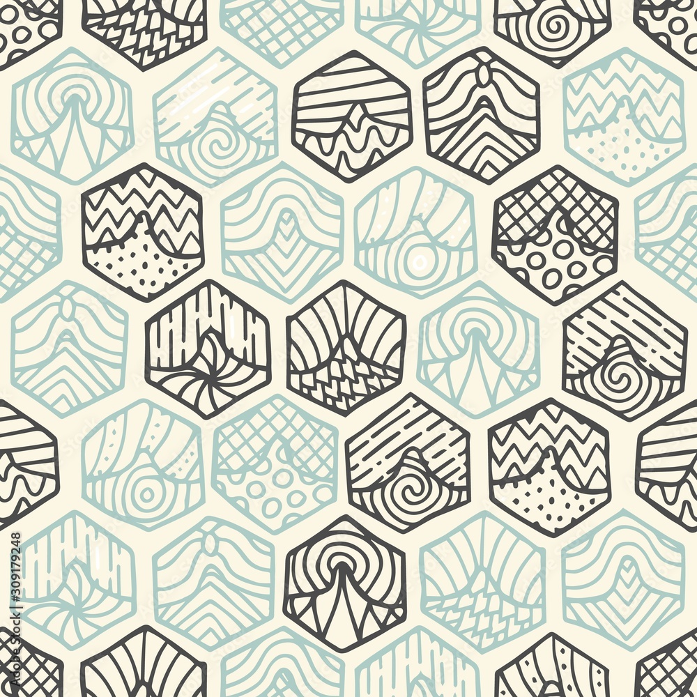 Hand drawn seamless pattern with doodle filled hexagons