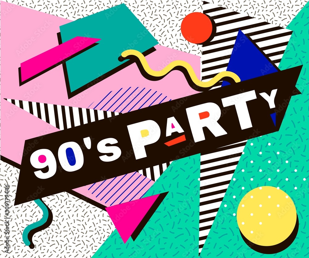 Retro party poster. Music of the nineties, vintage cassette tape and 90s  style. invitation card dancing party time advertisement poster background  illustration, Vector illustration in trendy 80-90s st Stock Vector