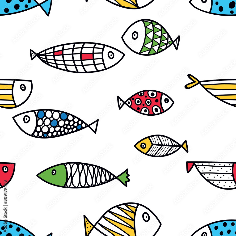Cute line fish. Vector seamless pattern.
