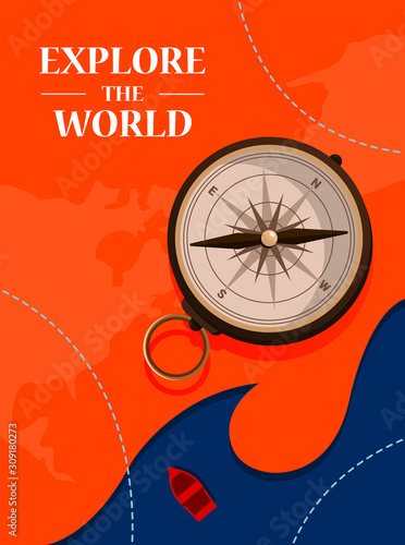 Bright illustration for poster, banner, card with vintage compass and text "Explore the world" which can be replced by yours