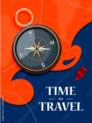 Bright illustration for poster, banner, card with vintage compass and text "Time to travel" which can be replced by yours