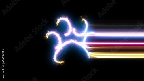 Paw symbol reveal. Blue, yellow, pink colors smoothly shimmer and form a neon electric number. Glowing motion wipes to center. 4K 60 fps video render footage.