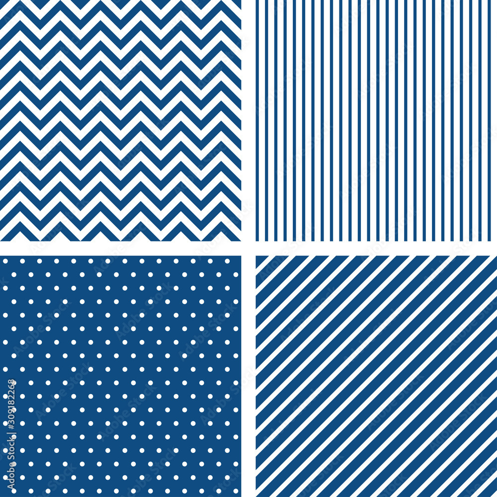 Set of vector seamless patterns in classic blue color. Striped, chevron, polka dots backgrounds Set of vector seamless patterns in classic blue color. Striped, chevron, polka dots backgrounds