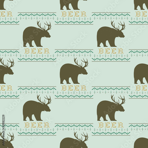 Funny Christmas seamless pattern, graphic print for ugly sweater xmas party, decoration with bear and deer antlers. Fun typography quote. Stock vector background illustration. Retro design