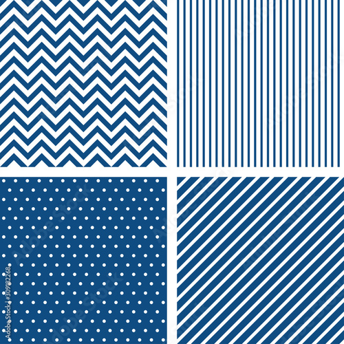 Set of vector seamless patterns in classic blue color. Striped, chevron, polka dots backgrounds