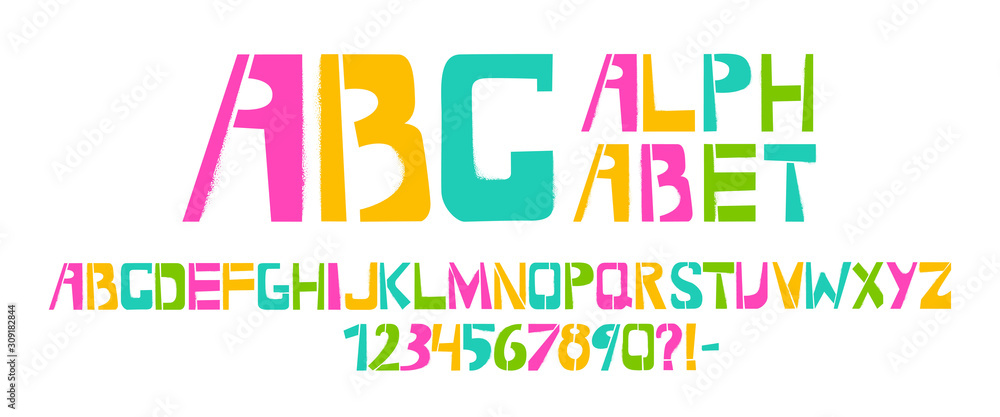Stencil typeface with spray texture. Colorful vector uppercase characters on white background. Typography alphabet for your designs: logo, typeface, card