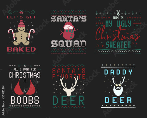 Funny Christmas graphic prints set, t shirt designs for ugly sweater xmas party. Holiday decor with xmas tree, santa, deers, texts and ornaments. Fun typography badges. Stock vector