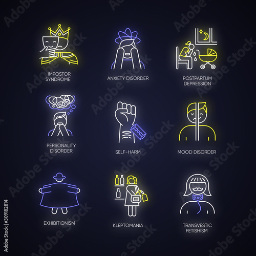 Mental disorder neon light icons set. Impostor. Anxiety. Postpartum depression. Personality disorder. Self-harm. Exhibitionism. Kleptomania. Fetishism. Glowing signs. Vector isolated illustrations