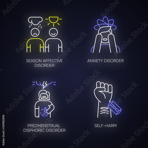 Mental disorder neon light icons set. Anxiety. Predmenstrual dysphoria. Self-harm. Season affective disorder. Emotional change. Cut vein. Woman in pain. Glowing signs. Vector isolated illustrations