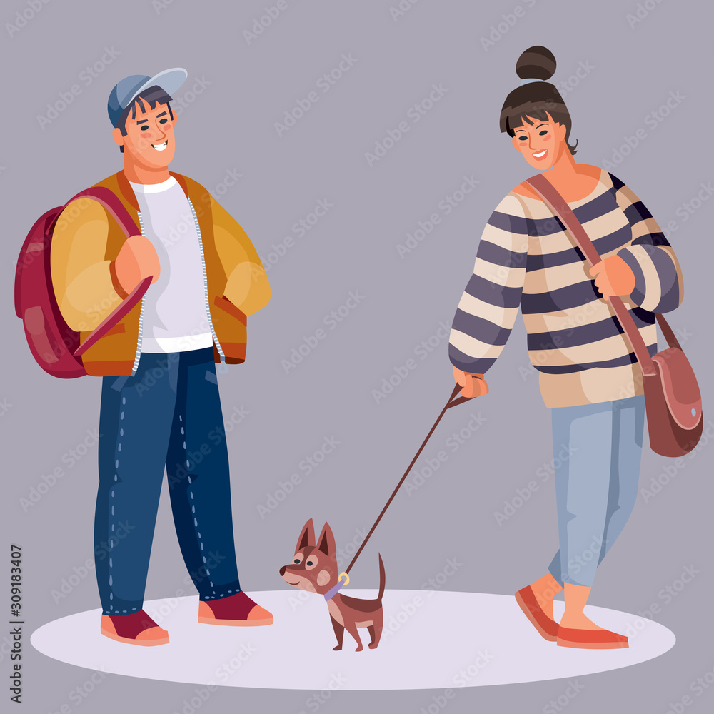 after a conversation, a woman with a bag and a dog departs from a guy with a backpack, vector illustration after a conversation, a woman with a bag and a dog departs from a guy with a backpack, vector illustration