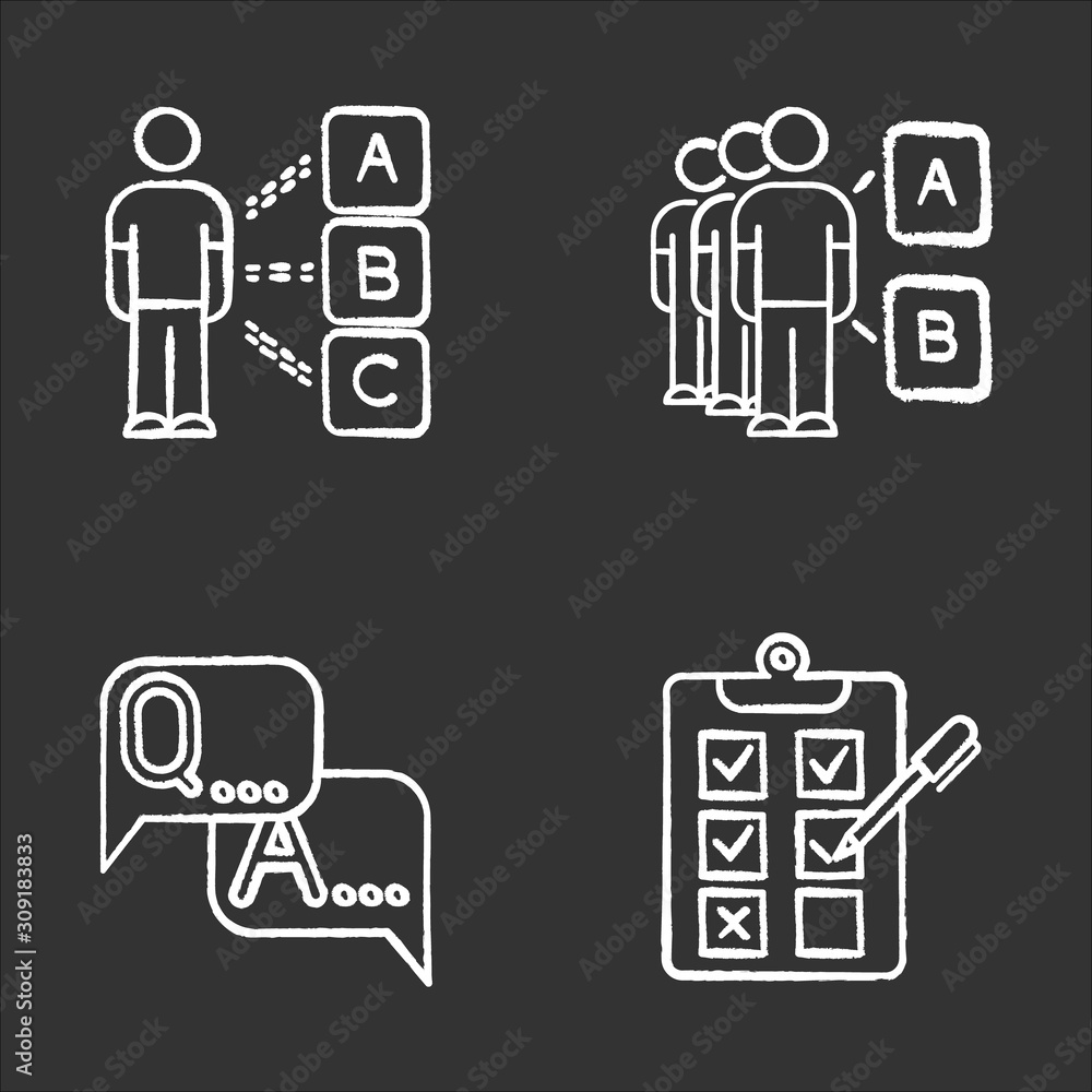 Survey chalk icons set. Personal questioning. Social opinion. Group test. FAQ sign. Question and answer. Written checklist. Share opinion. Tick checkbox. Isolated vector chalkboard illustrations Survey chalk icons set. Personal questioning. Social opinion. Group test. FAQ sign. Question and answer. Written checklist. Share opinion. Tick checkbox. Isolated vector chalkboard illustrations