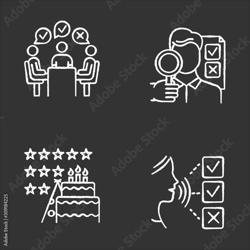 Survey methods chalk icons set. Group administered questionnaire. High rating. Public opinion. Customer audio review. Event evaluation, expert survey. Isolated vector chalkboard illustrations