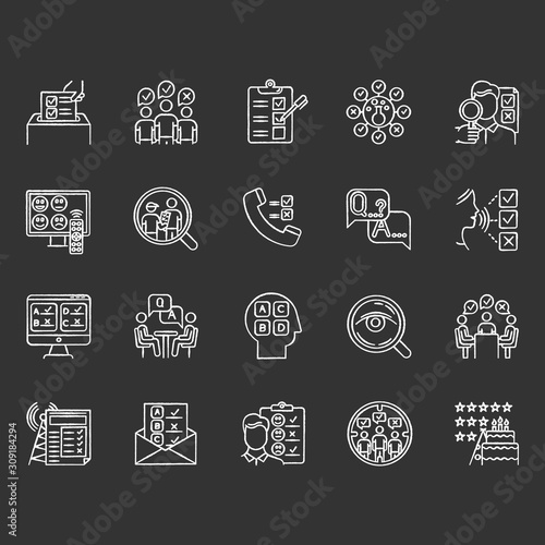 Survey methods chalk icons set. Interview. Online, telephone poll. Rating. Public opinion. Customer review. Feedback. Evaluation. Sociology. Data collection. Isolated vector chalkboard illustrations
