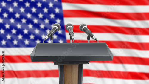 Fotografie Podium lectern with microphones and American flag in background