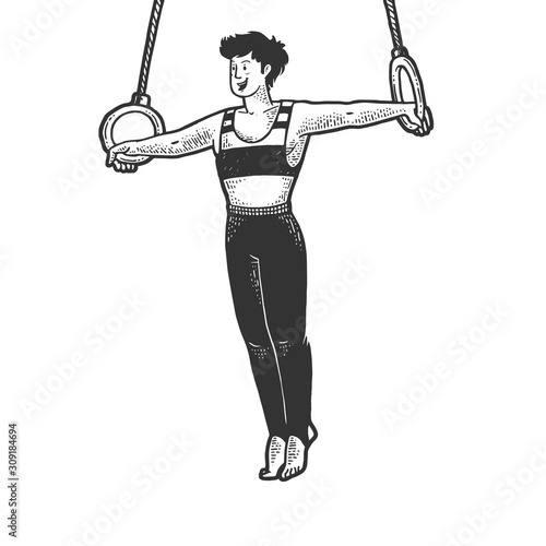 Gymnast performing iron cross on steady rings sketch engraving vector illustration. T-shirt apparel print design. Scratch board imitation. Black and white hand drawn image.