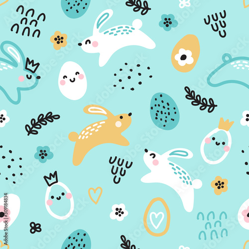 Cute childish Easter seamless pattern with hand drawn rabbits and eggs, creative spring design in naive art doodle style