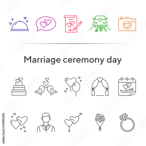 Marriage ceremony day line icons