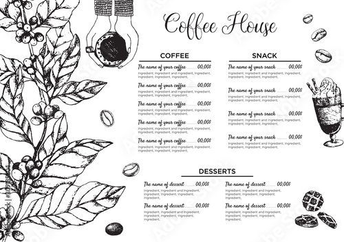 Stock vector template coffee house or restaurant menu. A beverage flyer for bar and cafe. Template with hand-drawn vintage illustration coffee and desserts on the white board.