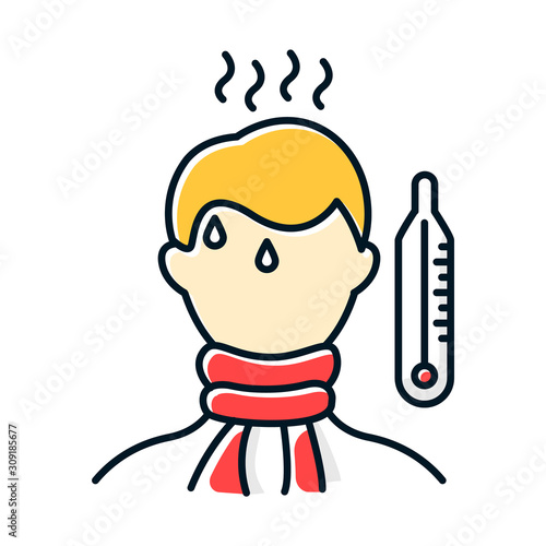 High temperature color icon. Fever symptom. Disease, illness. Man unwell. Healthcare. Flu, influenza infection. Sick person. Severe pain. Thermometer. Grippe treatment. Isolated vector illustration