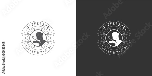 Coffee or tea shop logo template vector illustration with man holding mug silhouette good for cafe badge