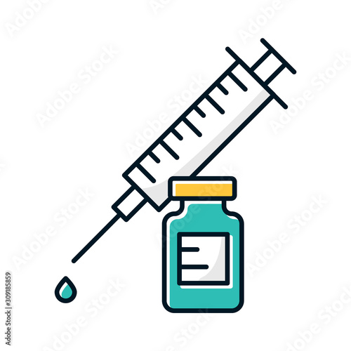 Vaccination color icon. Syringe with vial. Common cold prevention. Immunization shot. Flu and influenza virus precaution. Healthcare. Medication and pharmacy. Isolated vector illustration