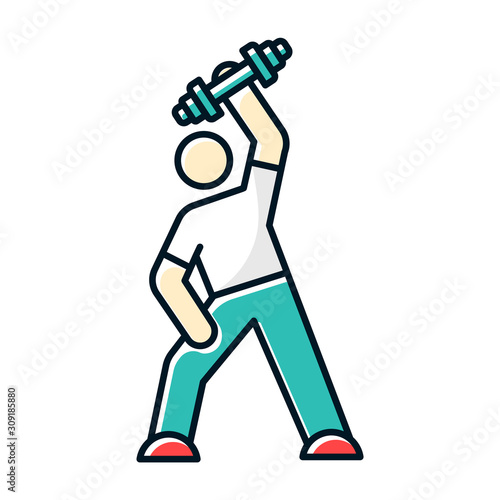 Exercise color icon. Man workout. Gym activity. Athlete with dumbell. Training and bodybuilding. Personal coach. Healthcare. Physical wellness. Person stretching. Isolated vector illustration
