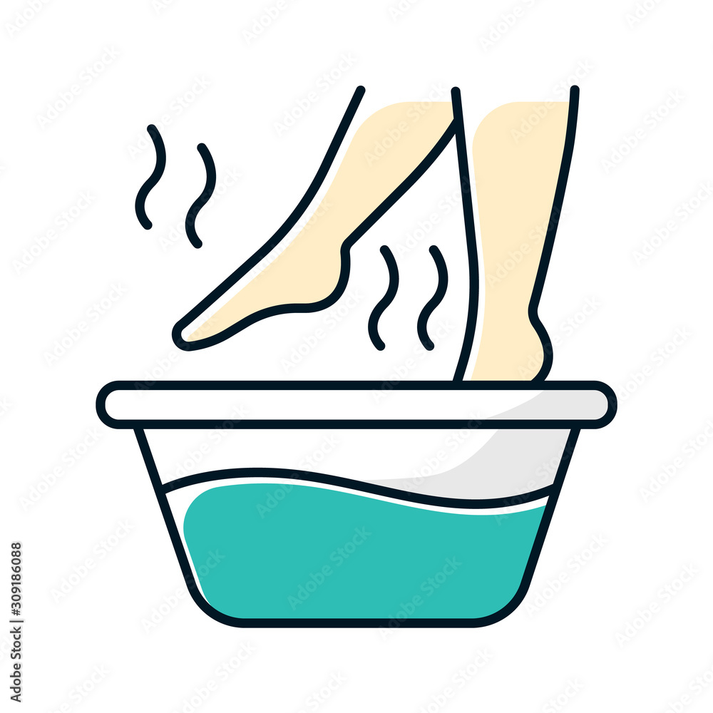 Foot bath color icon. Leg in hot water. Spa treatment. Common cold