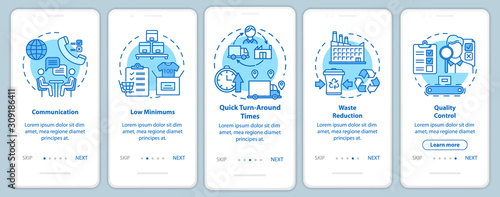 Advantages of local production onboarding mobile app page screen with linear concepts. Five walkthrough steps graphic instructions. Communication. UX, UI, GUI vector template with illustrations