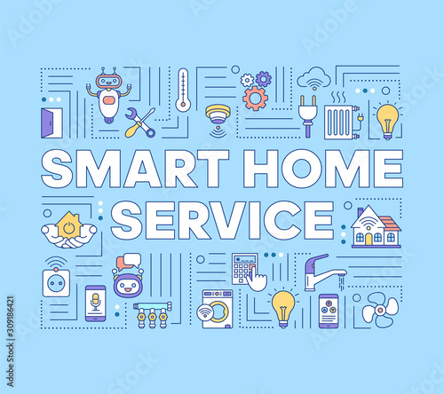 Smart home service word concepts banner. Automated house control. Wireless technology. Presentation, website. Isolated lettering typography idea with linear icons. Vector outline illustration