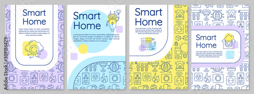 Smart home brochure template. Automated house control. Wireless technology. Flyer, booklet, leaflet print, cover design, linear icons. Vector page layouts for magazines, reports, advertising posters