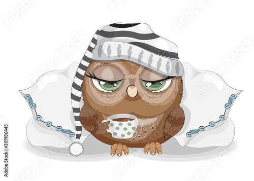 Sleepy Owl with cup of coffee