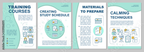 University entrance brochure template. Study schedule, materials. Flyer, booklet, leaflet print, cover design with linear icons. Vector page layouts for magazines, annual reports, advertising posters