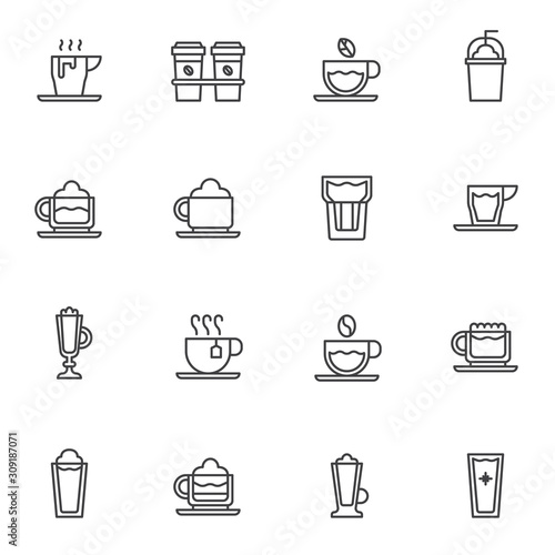 Coffee shop cups line icons set. linear style symbols collection, outline signs pack. vector graphics. Set includes icons as take away coffee cup, frappe glass, hot tea, cappuccino mug, water glass