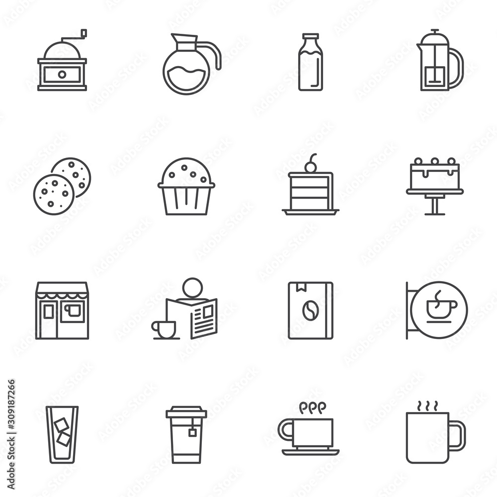 Coffee shop menu line icons set. linear style symbols collection outline signs pack. vector graphics. Set includes icons as coffee grinder, dessert cupcake, menu book, cookie, hot tea cup, milk bottle Coffee shop menu line icons set. linear style symbols collection outline signs pack. vector graphics. Set includes icons as coffee grinder, dessert cupcake, menu book, cookie, hot tea cup, milk bottle