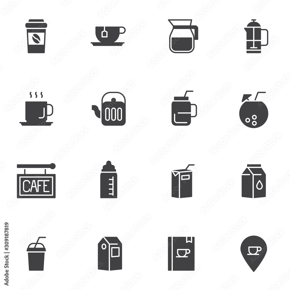 Drinks menu vector icons set, modern solid symbol collection filled style pictogram pack. Signs logo illustration. Set includes icons as take away coffee cup, paper milk pack, menu book, juice package Drinks menu vector icons set, modern solid symbol collection filled style pictogram pack. Signs logo illustration. Set includes icons as take away coffee cup, paper milk pack, menu book, juice package