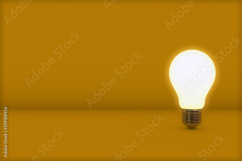 3d rendering of leadership and different creative idea concepts. Yellow light bulb on yellow background. Realistic light bulbs idea banner on abstract scene with place for text.