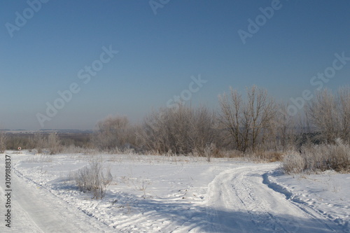 Winter landscape in forest and fields