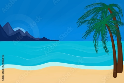 Fototapeta Naklejka Na Ścianę i Meble -  Tropical coastal landscape, sandy beach, turquoise sea water, two palms and clear blue sky, summer postcard