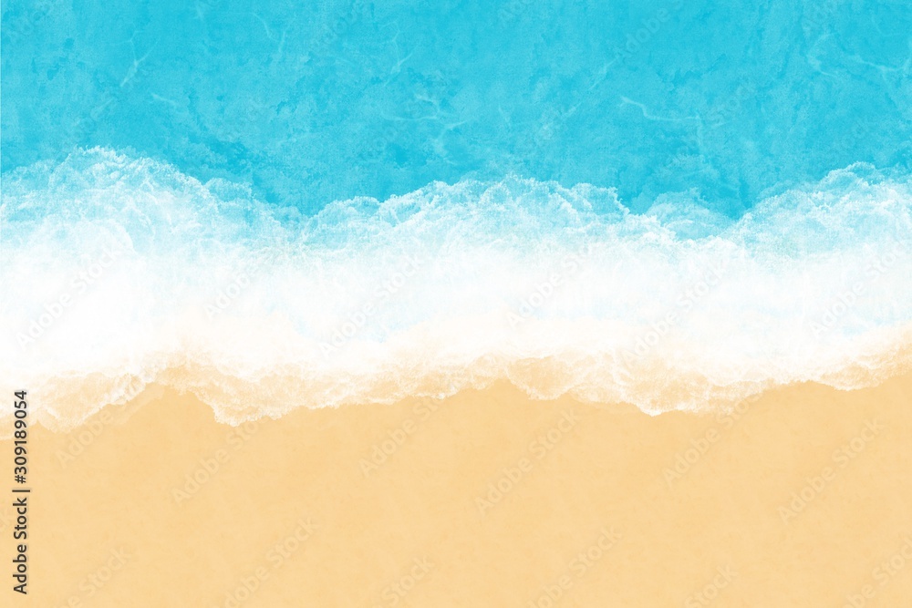 Turquoise ocean water with sea foam and yellow sand, top view Turquoise ocean water with sea foam and yellow sand, top view