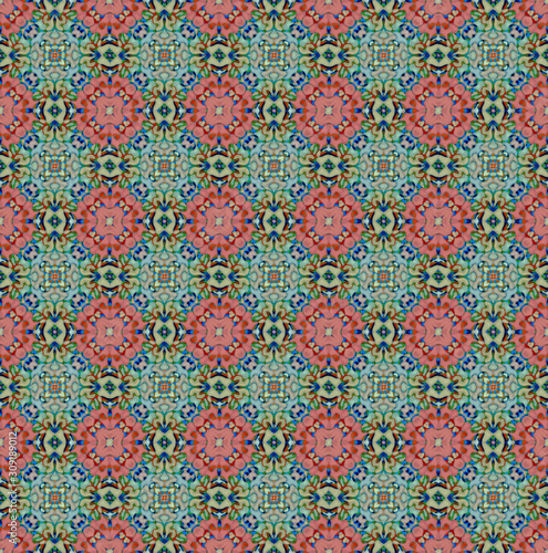 Pattern mandala kaleidoscope Abstract geometric colorful seamless background . Cross repeated squares and blocks background.