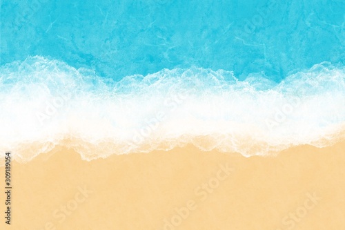 Turquoise ocean water with sea foam and yellow sand, top view