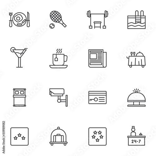 Hotel service line icons set. linear style symbols collection, outline signs pack. vector graphics. Set includes icons as swimming pool, bar drinks, restaurant food tray, reception bell, baggage cart