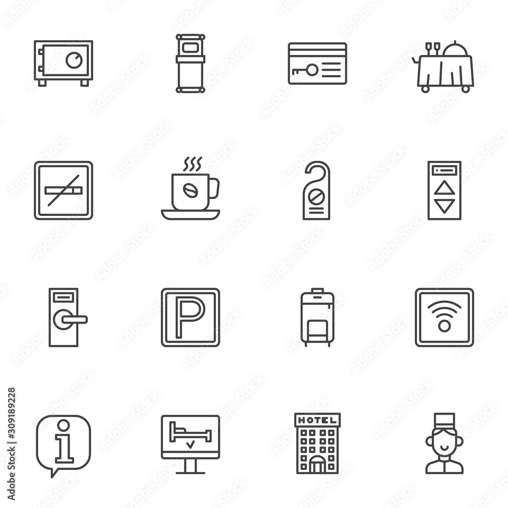 Hotel service line icons set. linear style symbols collection, outline signs pack. vector graphics. Set includes icons as car parking, wireless key, safe box, information support, hotel building, lift Hotel service line icons set. linear style symbols collection, outline signs pack. vector graphics. Set includes icons as car parking, wireless key, safe box, information support, hotel building, lift