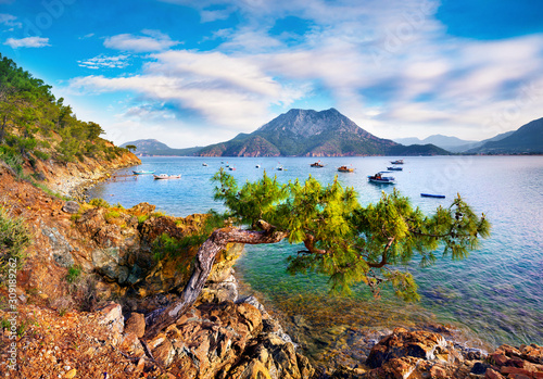 Fototapeta Naklejka Na Ścianę i Meble -  Splendid summer seascape of Mediterranean sea. Sunny morning view of Adrasan bay with view of Moses Mountain, Turkey, Asia. Beauty of nature concept background..