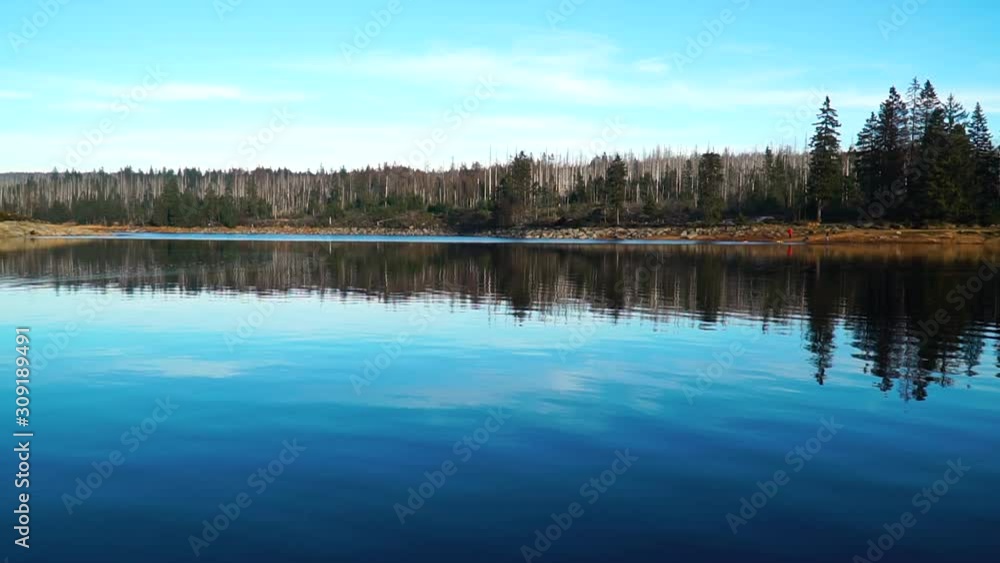 Pan over lake in the mountains with deep blue water