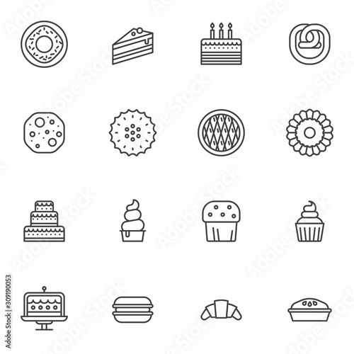 Pastry shop line icons set. linear style symbols collection, Bakery Sweets outline signs pack. vector graphics. Set includes icons as piece of cake, croissants, muffin, cupcake, jam pie, cookies