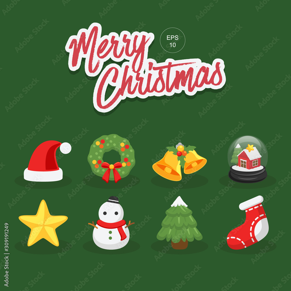 Fototapeta premium Merry Christmas, Vector Illustration, Xmas, Icon, Santa, Snowman, Snow, Belle, Snowball, Snowglobe, Cookie, Christmas Tree Snow, Banner, Poster, Card.