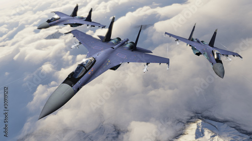 Russian military jet fighters going to mission together in vic formation 3d render