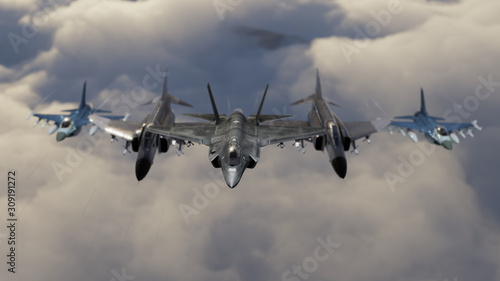 Different types of american jet fighters flying over clouds in flypast formation 3d render photo